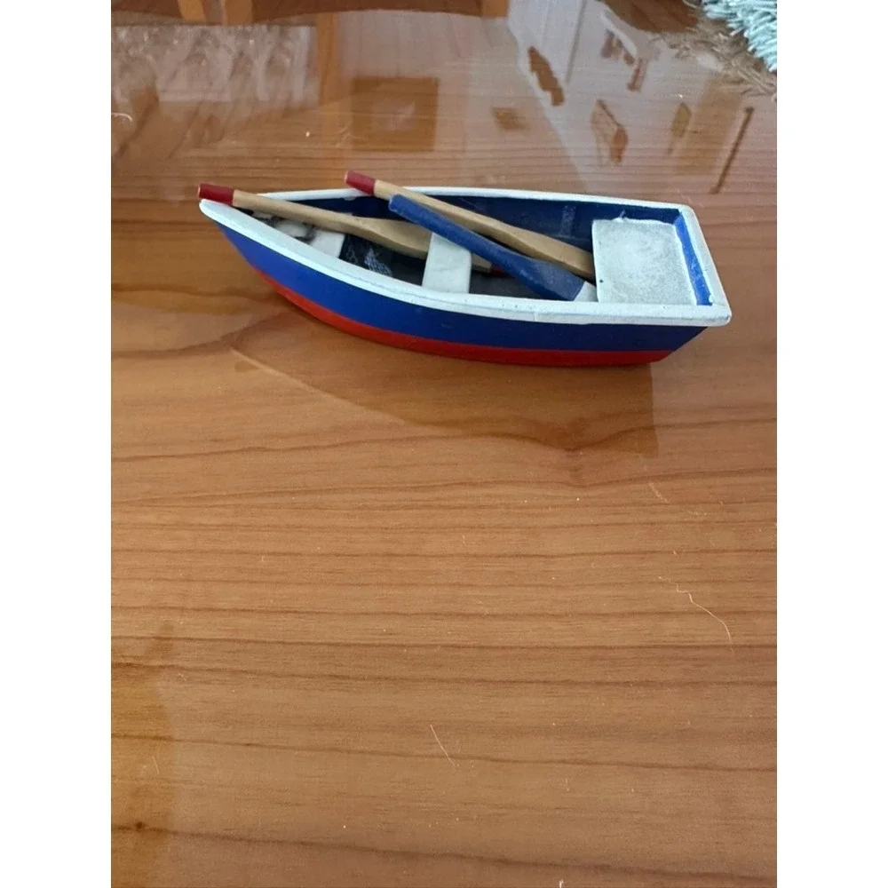 Set of 3 Miniature Wooden‎ Boats Nautical Coastal Decor Rowboat Sailboat Oars